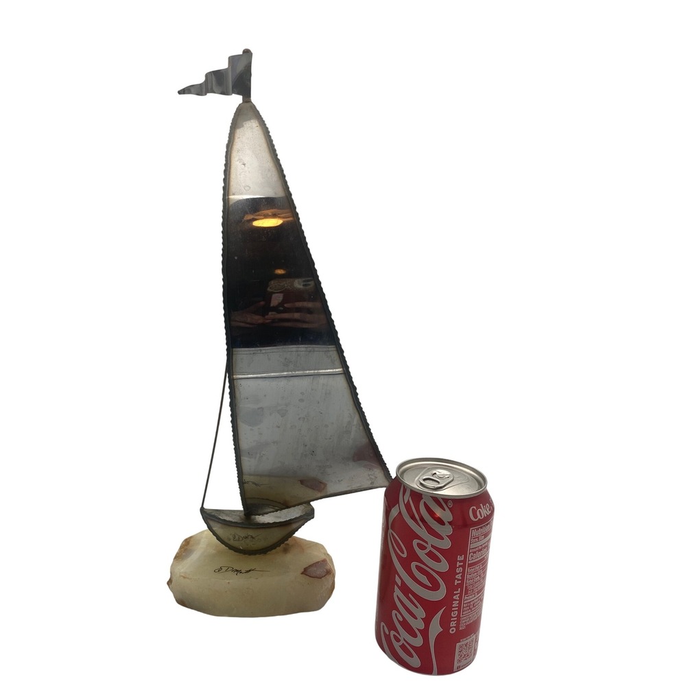 MCM‎ John DeMott Metal Sailboat Sculpture Stone Base Signed Art Nautical VINTAGE